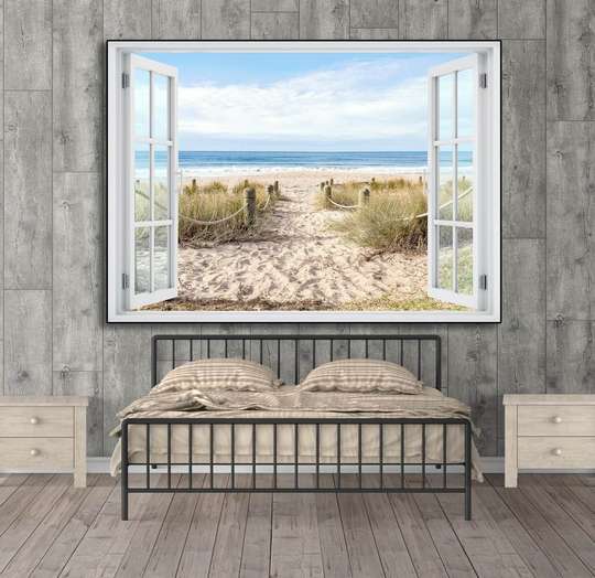 Stickere pentru pereți - Fereastra cu vedere spre o plajă, 130 х 85