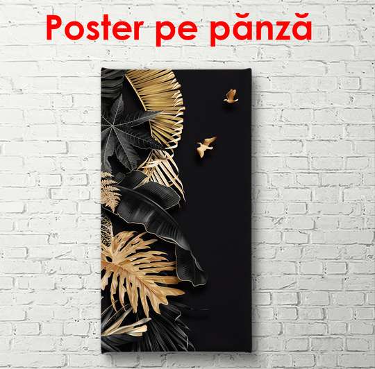 Постер - Золотистые листья на черном фоне, 50 x 150 см, Постер в раме, Гламур