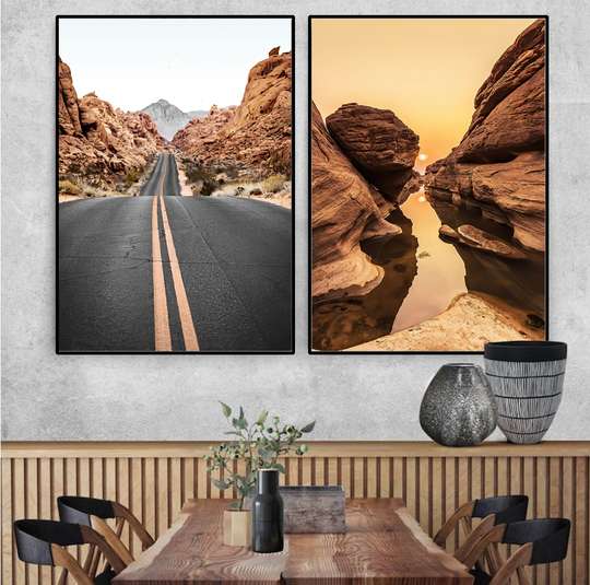 Poster - Road and sunset in the desert, 60 x 90 см, Framed poster on glass, Sets