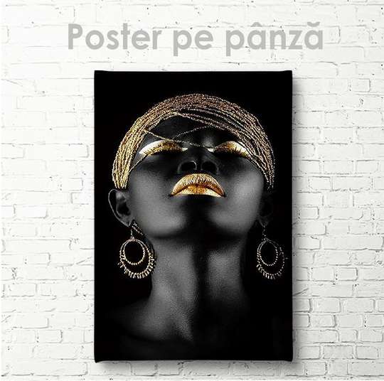 Постер - Африканка с золотыми асексуарами, 30 x 60 см, Холст на подрамнике, Гламур