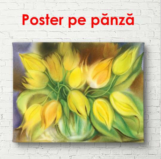 Постер - Букет из желтых цветов на столе, 90 x 60 см, Постер в раме, Цветы