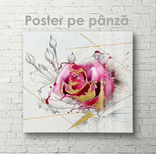 Poster - Abstract rose with golden notes, 40 x 40 см, Canvas on frame, Flowers