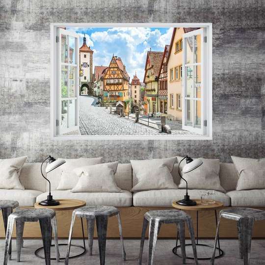 Наклейка на стену - 3D-окно с видом на приятный район, Имитация окна, 130 х 85