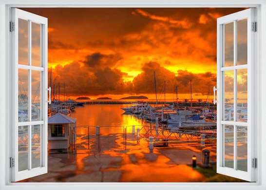 Stickere pentru pereți - Fereastra cu vedere spre un port la apus de soare, 130 х 85