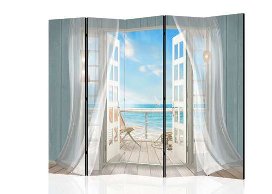 Screen with an open window and white curtains., 7