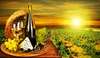 Wall Mural - Cheese with wine on a barrel against the backdrop of sunset.