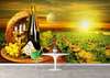 Wall Mural - Cheese with wine on a barrel against the backdrop of sunset.