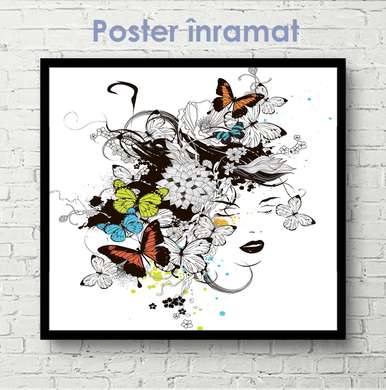 Постер - Девушка с бабочками, 40 x 40 см, Холст на подрамнике, Разные