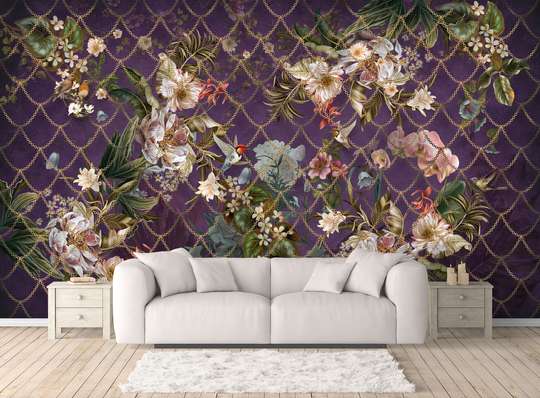 Wall Mural - Glamorous pink flowers on a purple background