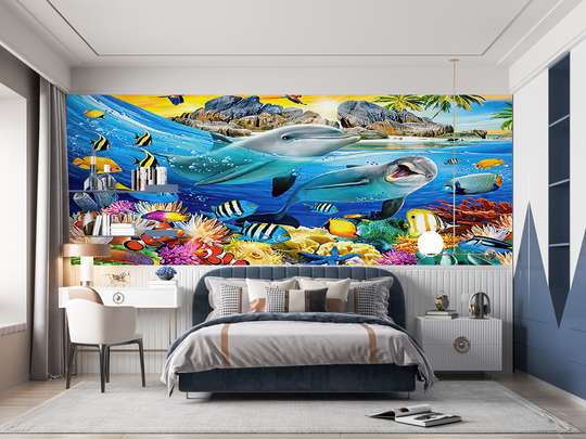 Wall Mural - Dolphins and other fish in the tropics