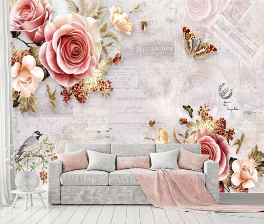 Wall Mural - Pink roses on vintage background