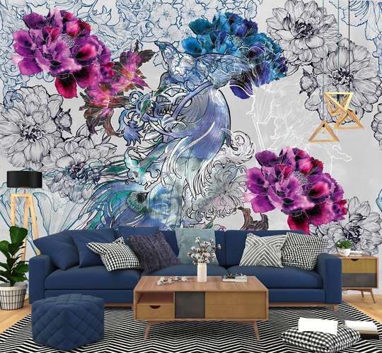 Wall Mural - Colorful peacock with bright flowers on a light background