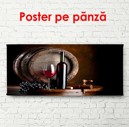 Poster - Red wine on the background of the barrel, 90 x 45 см, Framed poster, Food and Drinks