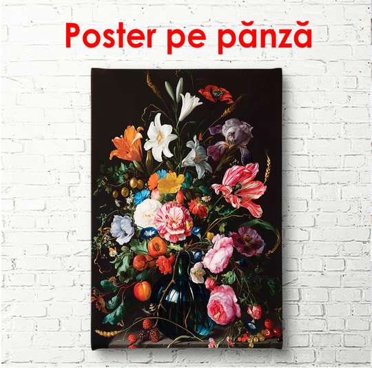 Poster - Bouquet of flowers on a black background, 60 x 90 см, Framed poster, Botanical