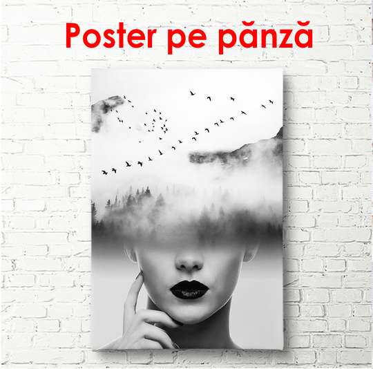 Постер - Черно белая девушка в облаках, 60 x 90 см, Постер в раме, Гламур