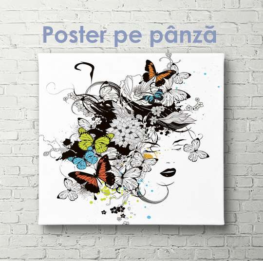 Постер - Девушка с бабочками, 40 x 40 см, Холст на подрамнике, Разные