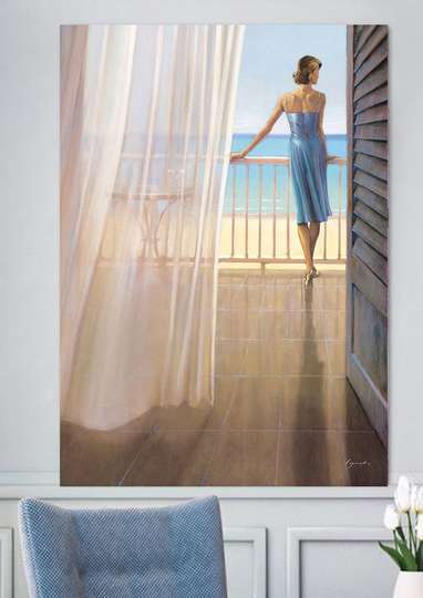 Постер - Девушка у балкона, 30 x 45 см, Холст на подрамнике, Живопись