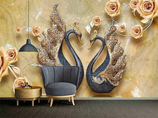 Wall Mural - Swans with golden roses on a golden background
