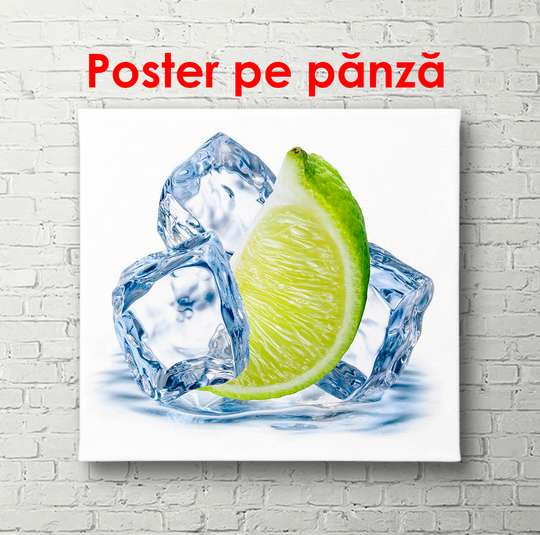 Постер - Зеленый лайм с кубиками льда на белом фоне, 100 x 100 см, Постер в раме, Еда и Напитки
