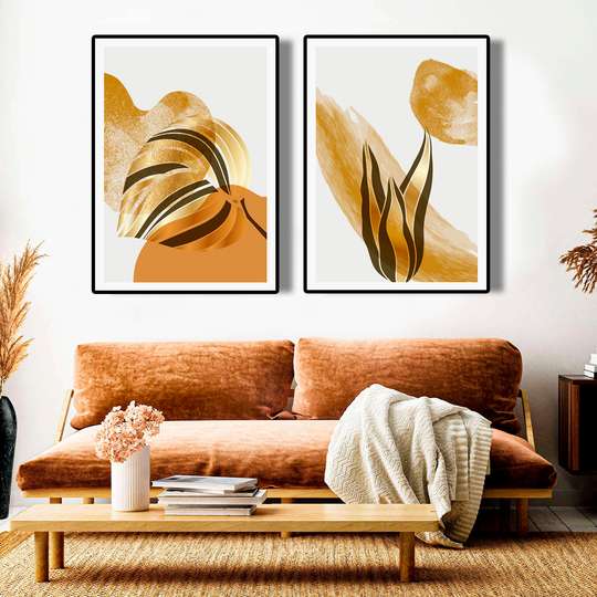 Poster - Plants and shades of gold, 60 x 90 см, Framed poster on glass, Sets