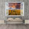 Наклейка на стену - 3D-окно с видом на закат в поле пшеницы, Имитация окна, 130 х 85