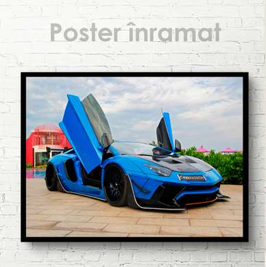 Poster - Lamborghini albastru, 45 x 30 см, Panza pe cadru