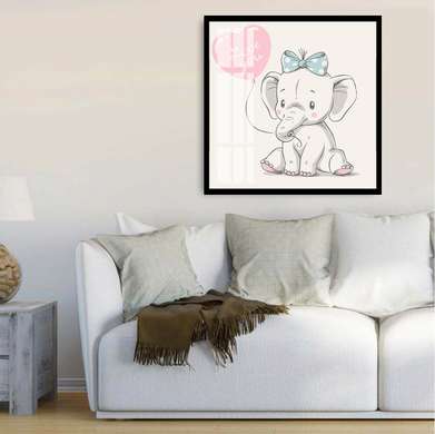 Poster - Cute Elephant with balloon, 40 x 40 см, Canvas on frame