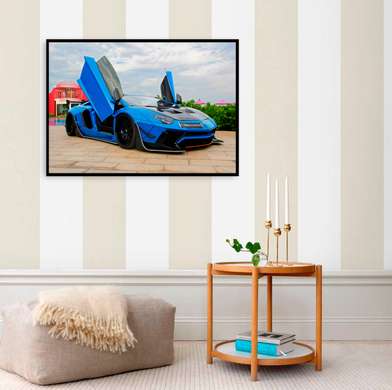 Poster - Lamborghini albastru, 45 x 30 см, Panza pe cadru