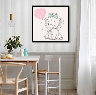 Poster - Cute Elephant with balloon, 40 x 40 см, Canvas on frame