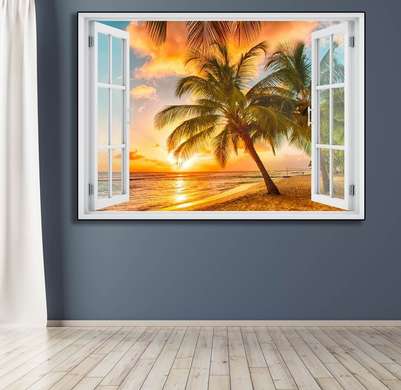 Stickere pentru pereți - Fereastra 3D cu vedere spre mare la apus de soare, 130 х 85