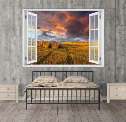 Stickere pentru pereți - Fereastra 3D cu vedere spre apus de soare în lanul de grâu, 130 х 85