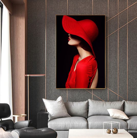 Картина в раме, Девушка в красной шляпе, 50 x 75 см