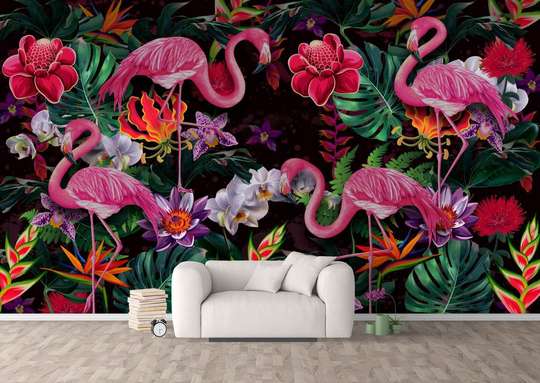 Wall Mural - Pink flamingos on a floral background.