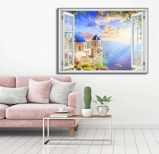 Наклейка на стену - 3D-окно с видом на чудесный пляжный дом, 130 х 85