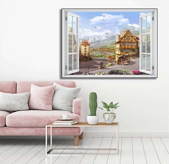 Наклейка на стену - 3D-окно с видом на горный город, 130 х 85