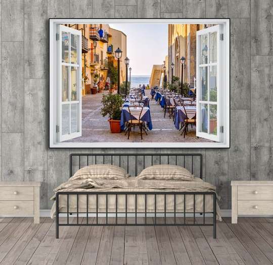 Наклейка на стену - 3D-окно с видом на кафе под открытым небом, 130 х 85