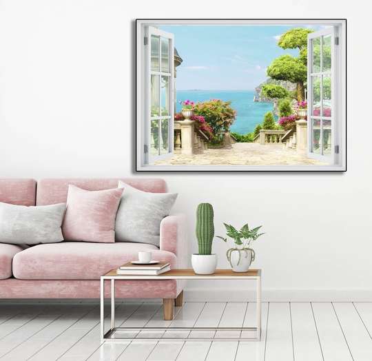 Wall Sticker - 3D window with a view of the stairs leading to the sea