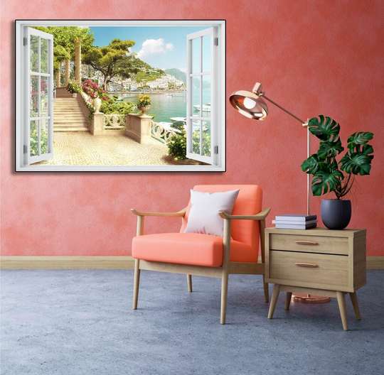 Наклейка на стену - 3D-окно с видом на город на берегу моря с цветами, 130 х 85