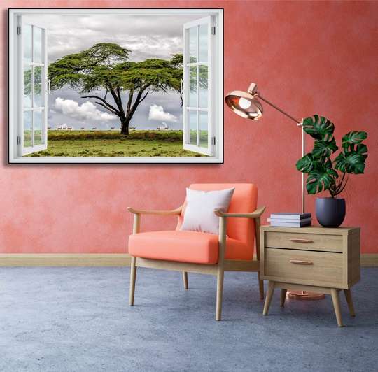 Наклейка на стену - 3D-окно с видом на одинокое дерево, 130 х 85