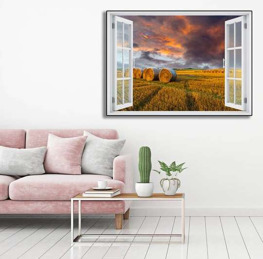 Наклейка на стену - 3D-окно с видом на закат в поле пшеницы, 130 х 85