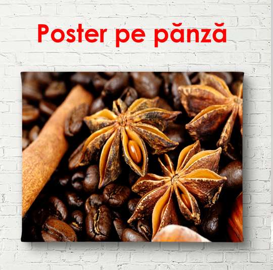 Poster - Coffee beans with cinnamon, 90 x 60 см, Framed poster, Food and Drinks