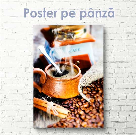 Poster - Cup of coffee and coffee beans, 30 x 60 см, Canvas on frame, Food and Drinks