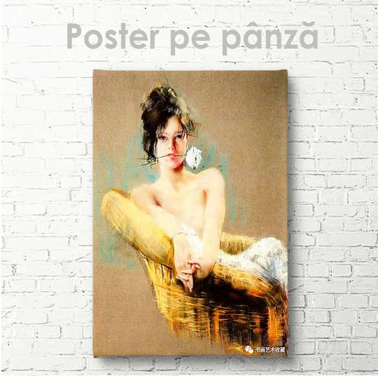 Постер - Девушка с цветком, 30 x 45 см, Холст на подрамнике, Живопись