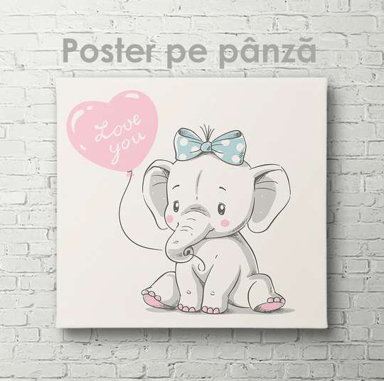 Poster - Cute Elephant with balloon, 40 x 40 см, Canvas on frame, For Kids