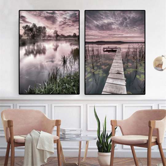Poster - Sunset by the lake, 60 x 90 см, Framed poster on glass, Sets