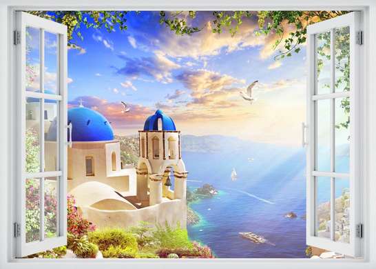 Stickere pentru pereți - Fereastra 3D cu vedere spre o casă minunată pe malul mării, 130 х 85