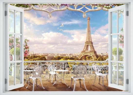 Stickere pentru pereți - Fereastra 3D cu vedere spre o terasă din Franța, 130 х 85