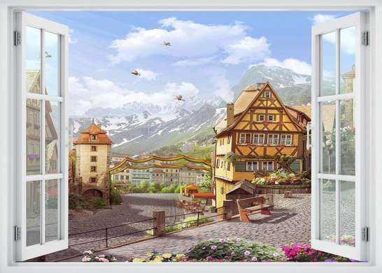 Stickere pentru pereți - Fereastra 3D cu vedere spre un oraș din munți, 130 х 85