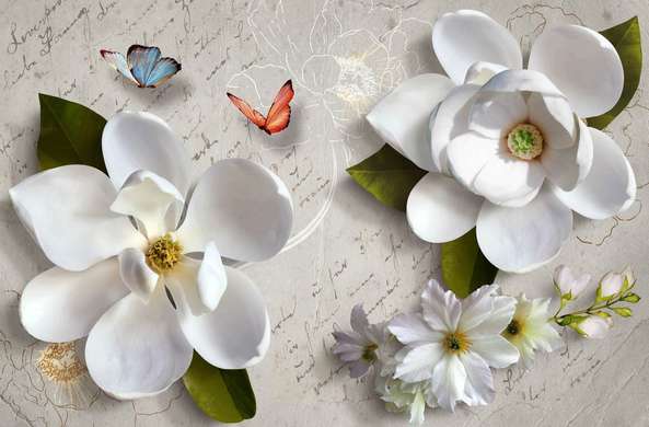 Fototapet - Flori albe și fluturi pe fundalul unei scrisori