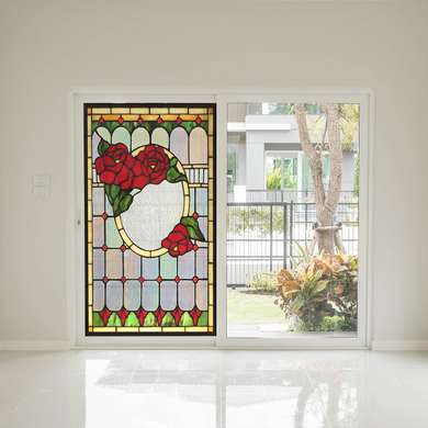 Autocolant pentru Ferestre, Vitraliu decorativ cu trandafiri rosii, 60 x 90cm, Transparent
